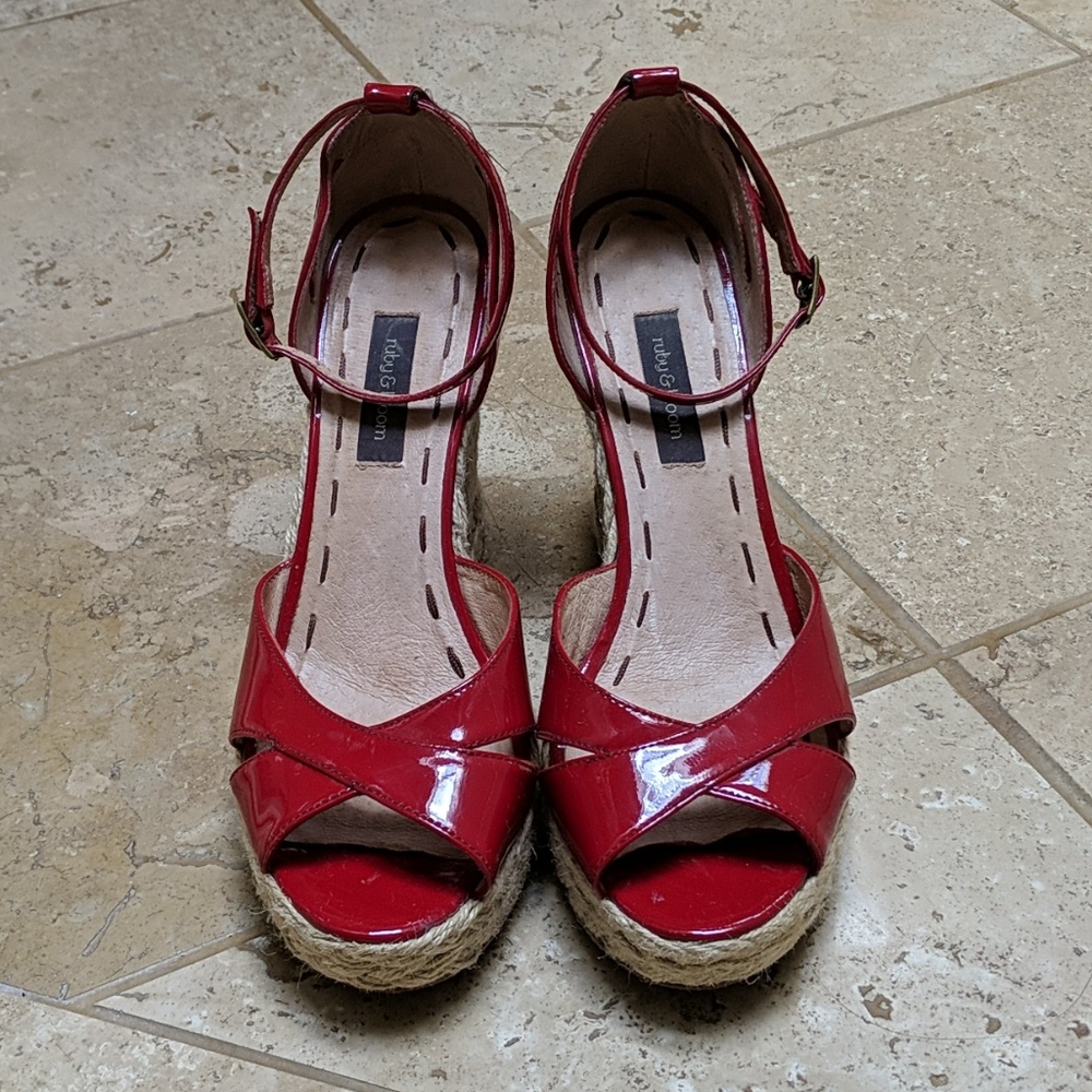 Beautiful Ruby Red Leather Platform Espadrilles - image 1